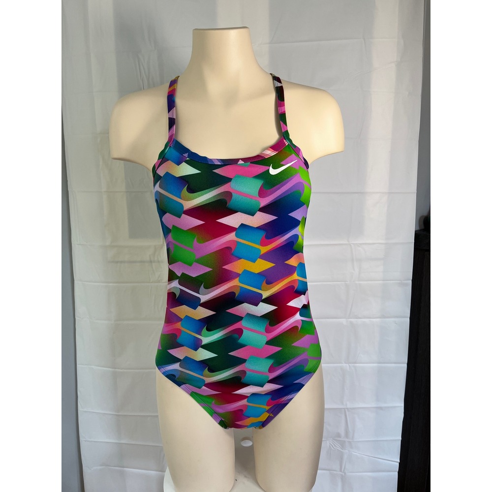 Nike Womens Multi Color Geometric Swoosh Print Crossback One Piece Swimsuit